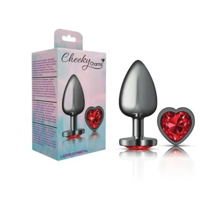 Anal Cheeky Charms Cheeky Charms Gunmetal Butt Plug w Heart Red Jewel Large