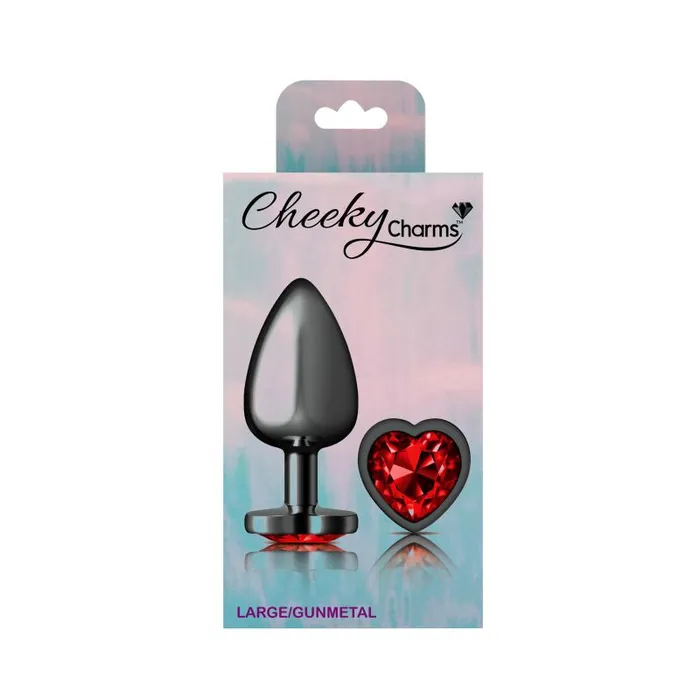Anal Cheeky Charms Cheeky Charms Gunmetal Butt Plug w Heart Red Jewel Large